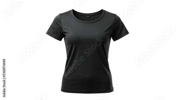 Obraz A sleek, short-sleeved, black tee-shirt with a rounded neckline, isolated on black