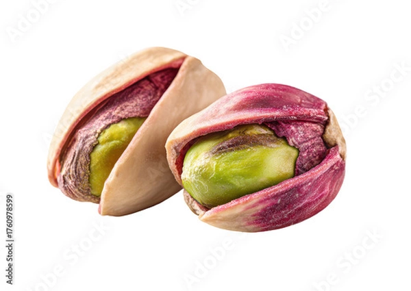 Fototapeta Two pistachios, shelled and opened, display the inside nut and its shell.  The shells are light beige and have delicate,  thin lines.  
