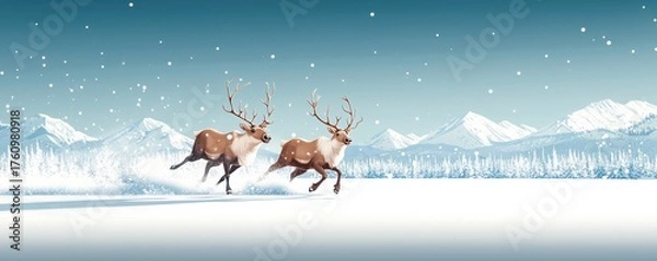 Fototapeta Reindeer running through snowy landscape christmas holiday theme winter wonderland viewpoint festive spirit