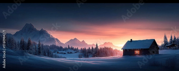Fototapeta Warmth of christmas morning sunrise over a snow-covered village holiday serenity tranquil environment gigapixel standard