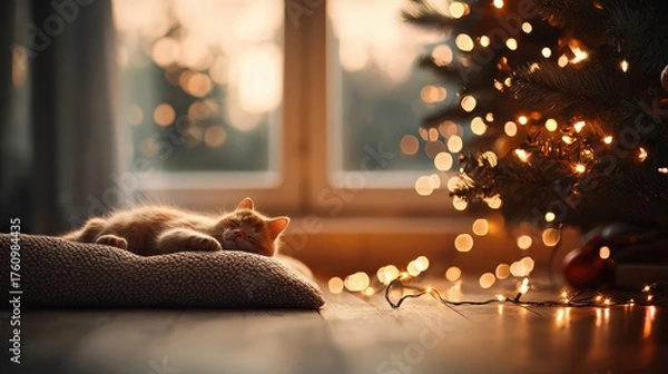 Fototapeta Christmas warmth a child asleep under the holiday tree cozy indoors heartwarming scene