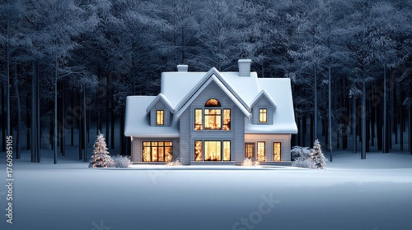 Fototapeta Warm holiday glow of a snow-covered house in winter wonderland cozy atmosphere evening view