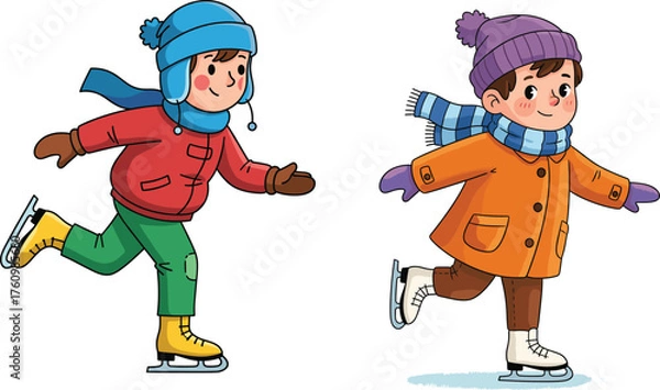 Fototapeta Cartoon children ice skating in winter clothes, joyful poses with lifted legs and colorful outfits, vector illustration for fun, seasonal activity, movement