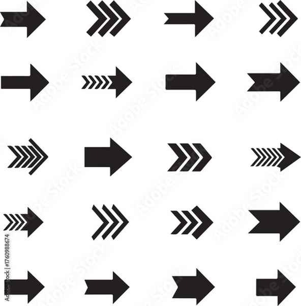 Obraz Collection of diverse black arrow icons pointing right, various styles directional symbols