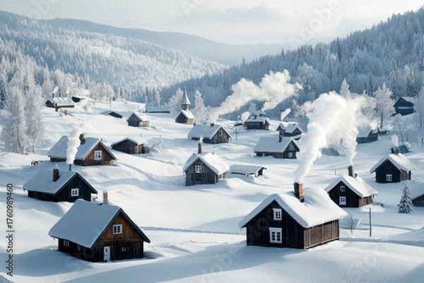 Fototapeta Winter wonderland a charming christmas scene in a snowy village with emitting chimneys