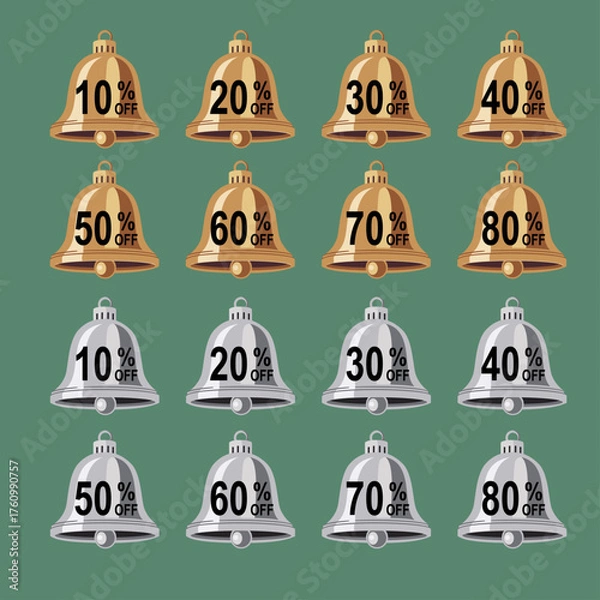 Fototapeta A collection of Christmas bell-shaped sale tags, icons in both gold and silver, featuring various discount percentages on a green background is perfect for holiday promotions and retail marketing.