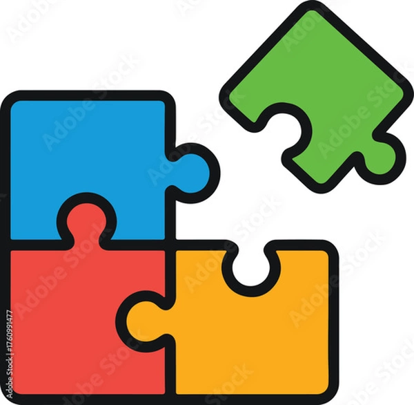 Obraz Three connected puzzle pieces with a fourth piece being placed, colorful flat icon vector illustration