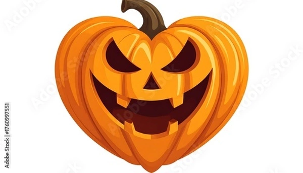 Fototapeta A smiling, carved, orange pumpkin with menacing eyes, stem on top