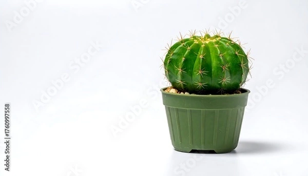 Fototapeta A spherical cactus with sharp spines sits in a green pot, white background