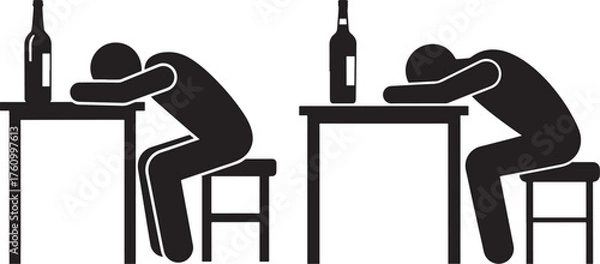 Fototapeta Two figures slumped over tables with bottles in a stark silhouette