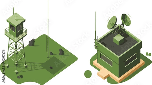 Fototapeta Isometric 3D illustration of two military communication buildings, radar satellite station and observation tower in desert base environment