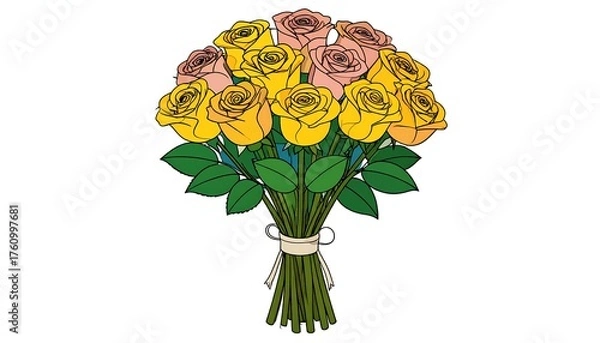 Fototapeta A stylized bouquet of colorful roses, tied with a neutral ribbon