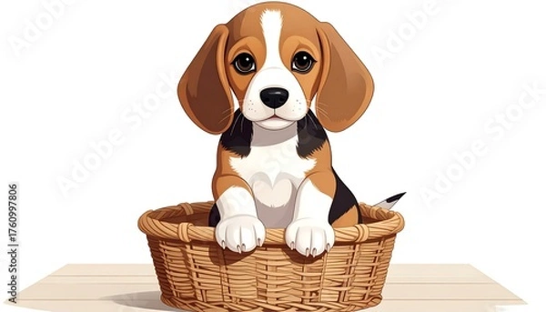 Fototapeta A sweet beagle puppy sitting contentedly in a woven basket