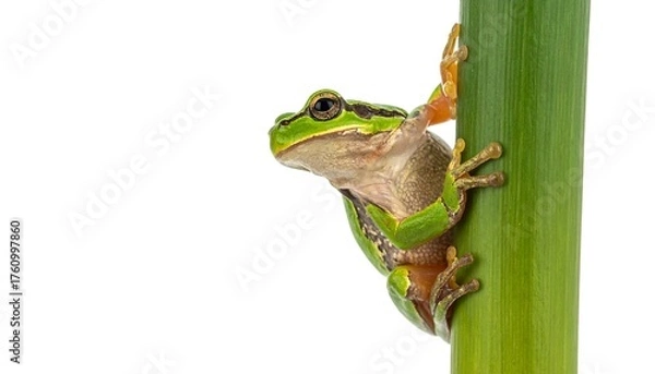 Fototapeta A vibrant green tree frog clinging to a smooth, cylindrical green stalk