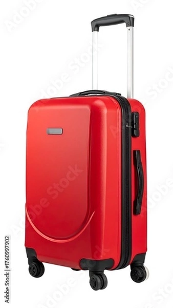 Fototapeta A vibrant red upright rolling suitcase, isolated on white background