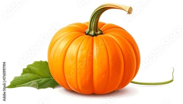 Fototapeta A vibrant, round orange gourd with a green stem and leaf on white