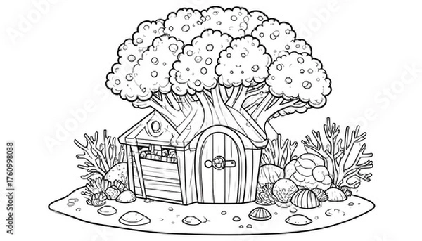 Fototapeta A whimsical monochrome illustration of a treehouse nestled in a coastal scene