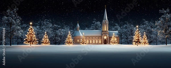 Fototapeta Winter wonderland christmas cathedral illuminated by lights snowy landscape nighttime view serene atmosphere