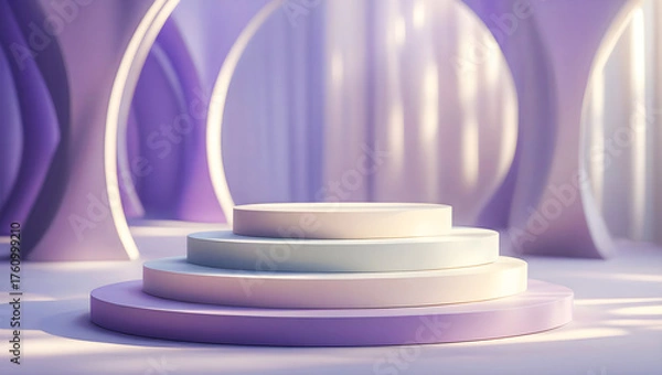 Fototapeta Abstract 3D pastel scene with circular tiered podium in lavender and ivory shades, minimal geometric background for product display, cosmetic mockup, fashion branding, and modern luxury presentation.