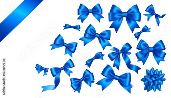 Fototapeta Array of radiant, azure bows and ribbon elements, isolated on white