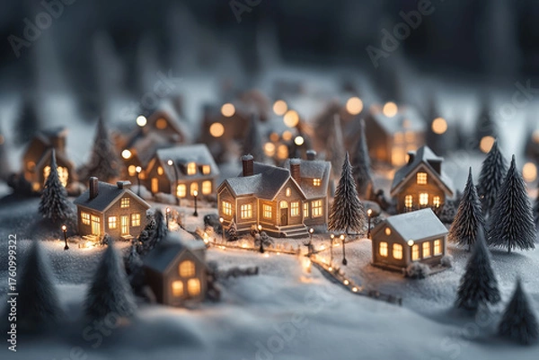 Fototapeta Winter wonderland village christmas lights display snowy landscape evening view gigapixel quality