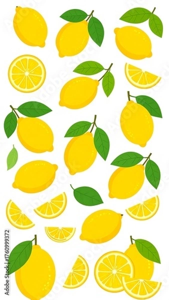 Fototapeta Array of vibrant yellow citrus fruit illustrations with green leaves