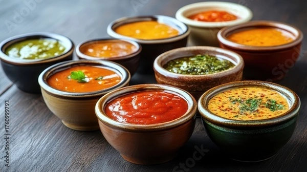 Fototapeta A variety of barbecue sauces in bowls ready for serving