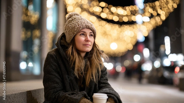 Obraz A homeless woman in a woolen hat, sitting on a curb with a coffee cup in hand, looking at the bright holiday lights along the street. As a result of winter's cold, harshness, warmth, holidays merge