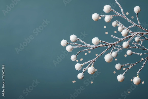 Fototapeta Winter wonderland christmas ornaments on a snowy branch close-up serene background nature photography