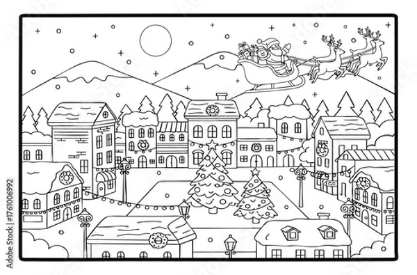 Obraz Christmas landscape for painting cute Santa Claus flying on the sleigh through the city