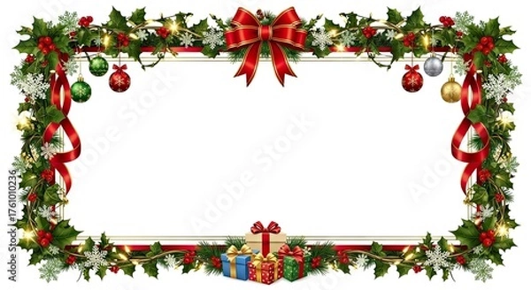 Fototapeta stunning holiday greetings with festive Christmas frame featuring holly, ornaments, ribbons, and gifts for magical designs and cheerful celebrations