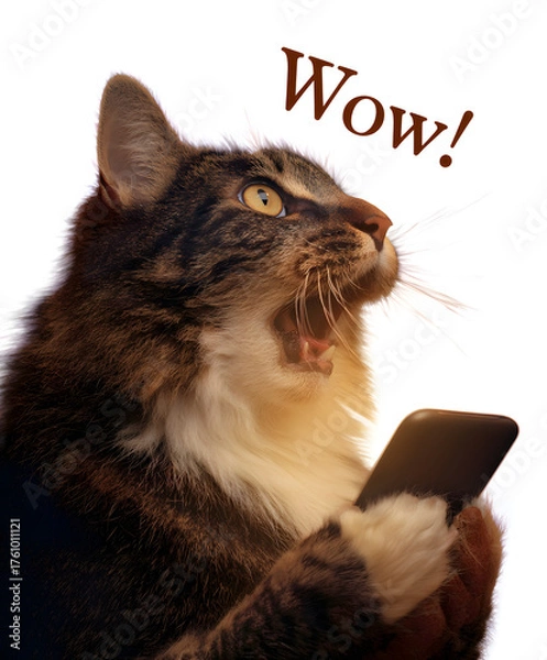 Fototapeta Surprised Cat Moment | The Wow Cat Meme | Shocked Feline Reaction | Hilarious Cat Discovery | Dramatic Pet Expression | Funny Cat With Phone
