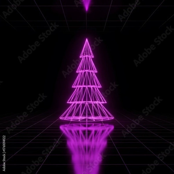 Obraz Abstract Geometric Christmas Tree Lit by Neon Pink Light With Reflections on a Dark Futuristic Grid Background