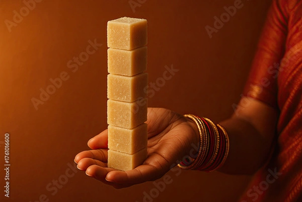 Fototapeta Indian Sweets – Hand Holding Barfi Tower