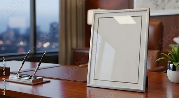 Fototapeta Empty Framed Picture on a Polished Wooden Office Desk With Cityscape View Outside Window