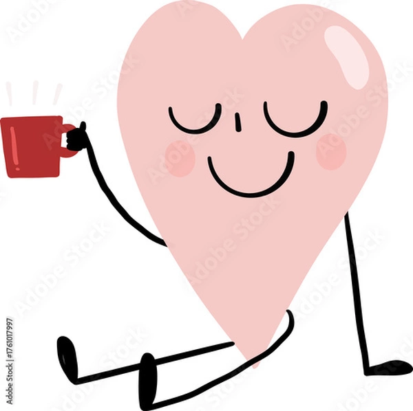 Fototapeta illustration of heart cute cartoon drinking a red cup of coffee vector