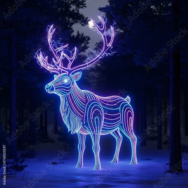 Fototapeta Majestic Illuminated Reindeer Sculpture Standing in a Snowy Winter Forest at Night Under a Full Moon