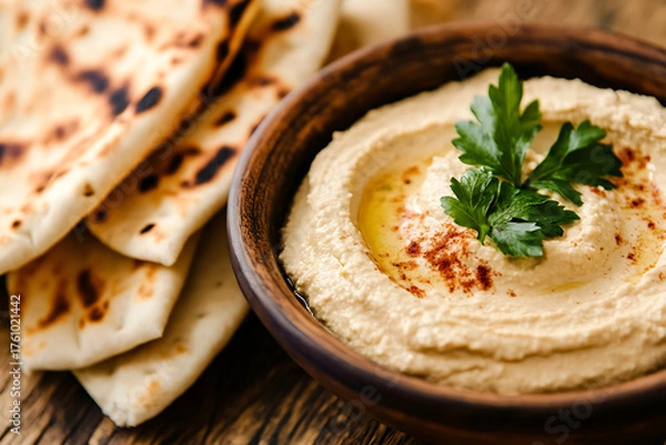 Obraz Freshly made hummus served in a rustic wooden bowl, garnished with parsley and paprika, alongside warm pita bread. A delicious and healthy appetizer or snack! #food