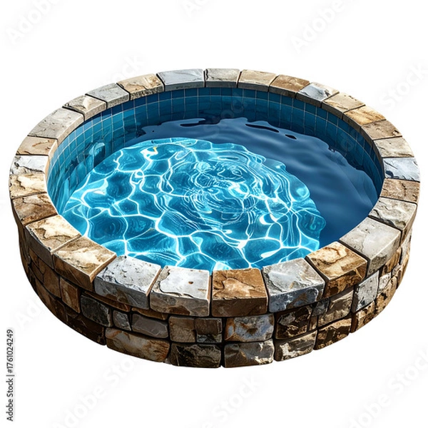 Fototapeta A round outdoor pool with a stone wall surround, water shimmering blue