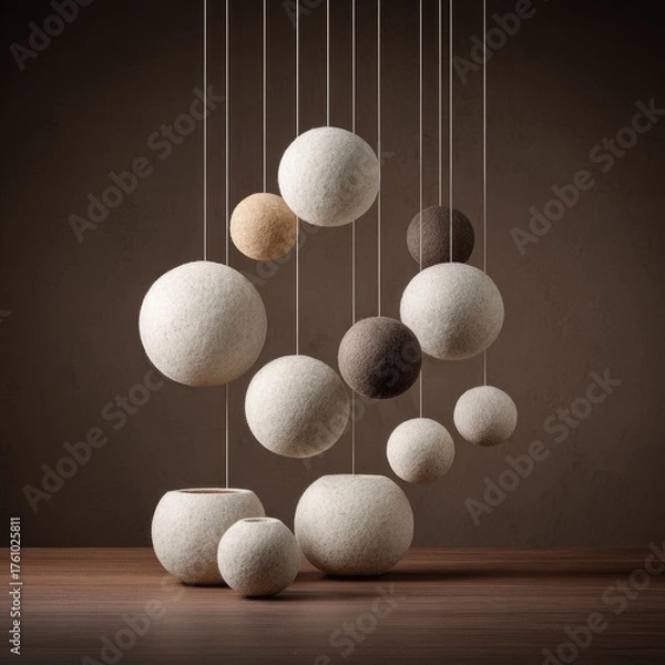 Fototapeta Spherical ornaments and vases hang on strings, arranged above a wooden surface.