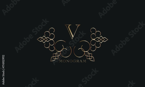 Obraz Vector elegant element for design template, place for text with initial letter V. Lace decor for greeting card, invitation, label, business sign.