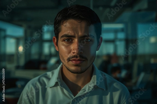 Fototapeta Introspective Man portrait serious gaze intensity emotion workplace