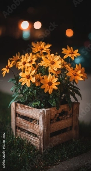 Fototapeta Yellow flowers bloom in a rustic wooden planter at dusk with bokeh lights.