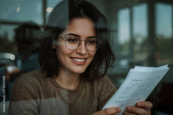 Fototapeta Smiling woman with glasses reading document inside a coffee shop