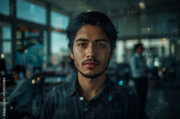 Fototapeta Young man developer portrait serious office tech innovation coding job