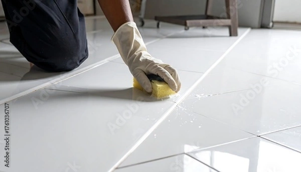 Fototapeta Person cleaning white tiled floor with sponge and gloves.