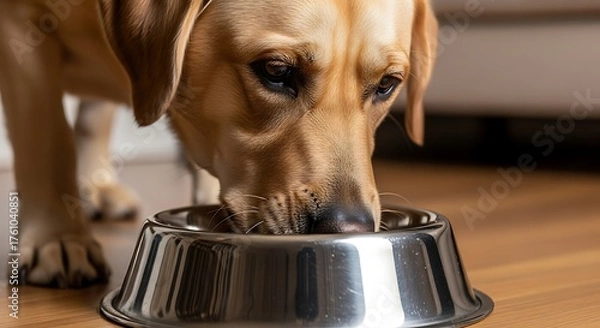 Obraz Yellow Labrador dog eating from a metal bowl on a wooden floor