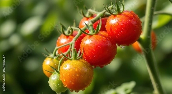 Obraz Close-up of ripe red and unripe green tomatoes growing on a vine in a garden.