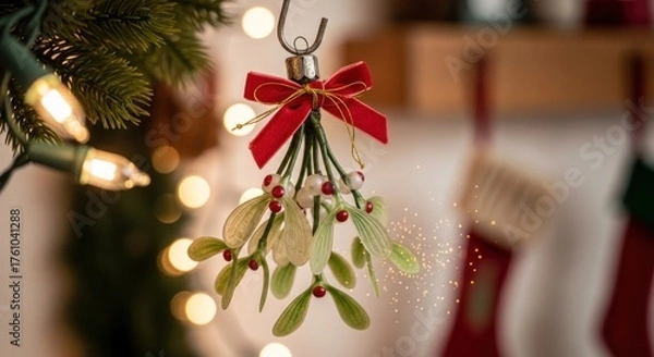 Obraz Traditional Christmas Mistletoe Decoration with Festive Lights and Stockings.