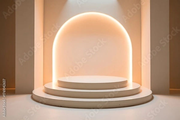 Fototapeta Minimalist Arch Stage with Glowing Light and Tiered Pedestal podium display